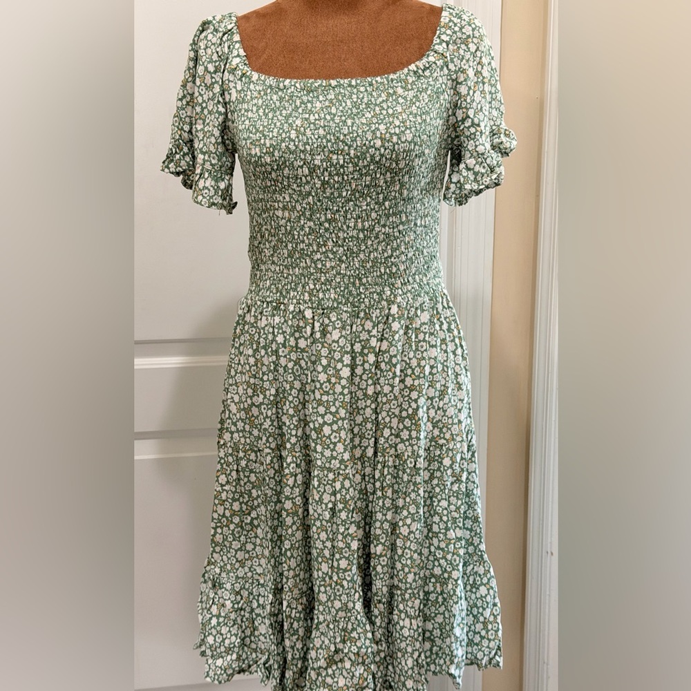 Angie Sage Green Floral Midi Summer Dress With Smocked Waist and low back